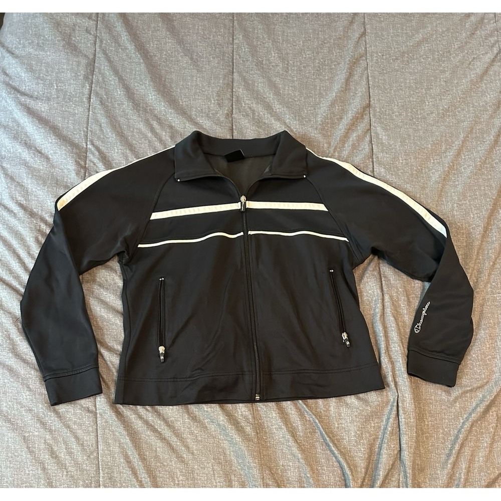 Athletic Cropped Champion Womens Running Jacket M Moto Black White Stripe Preppy